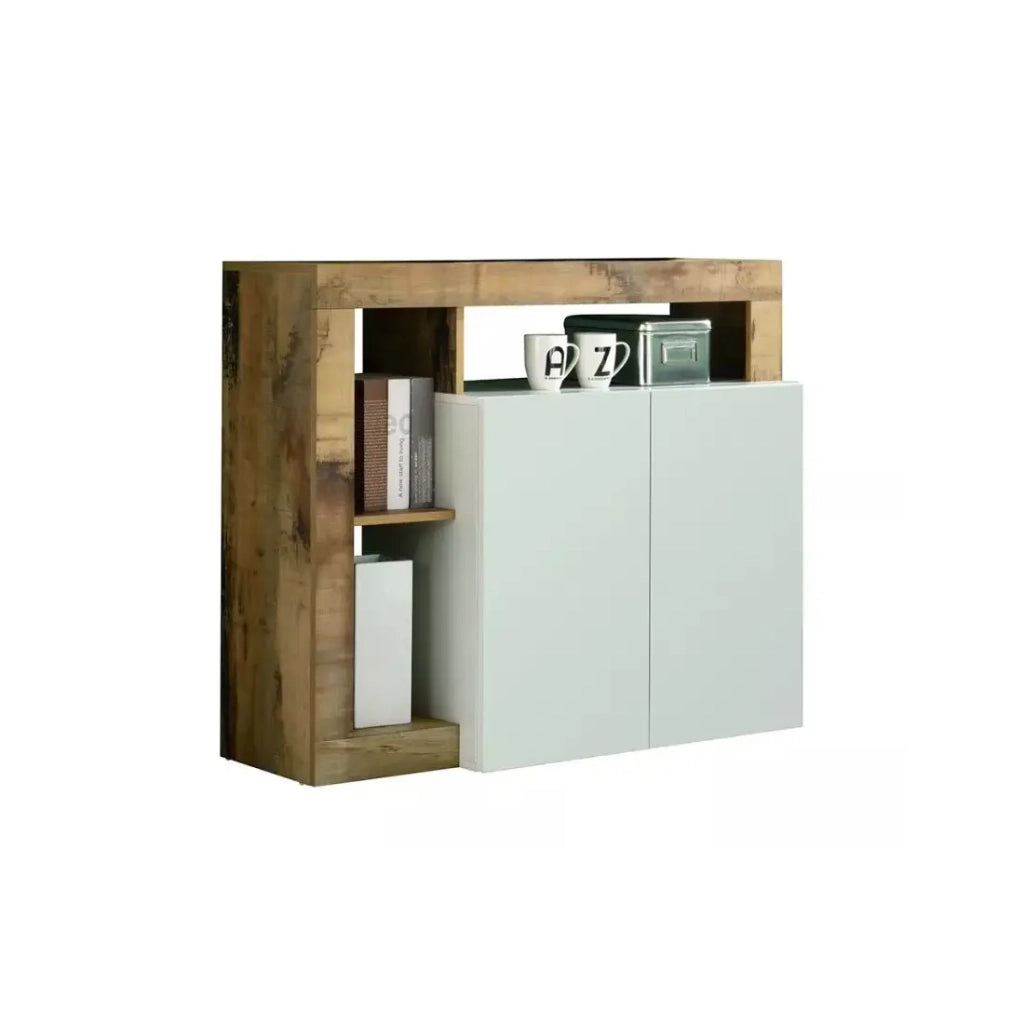 Buffet 2 porte collezione BURA, colore bianco lucido laccato e rovere chiaro