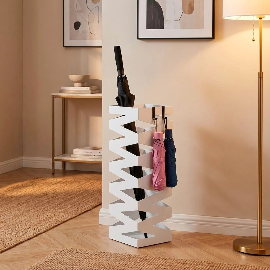 Portaombrelli In Acciaio Zincato Con Motivi Decorativi Porta Ombrelli Vaschetta Scolapioggia Due Ganci Estraibili Base Antiscivolo Per Ingresso Casa E Ufficio Design Moderno 49 X 15.5 X 15.5 Cm Bianco