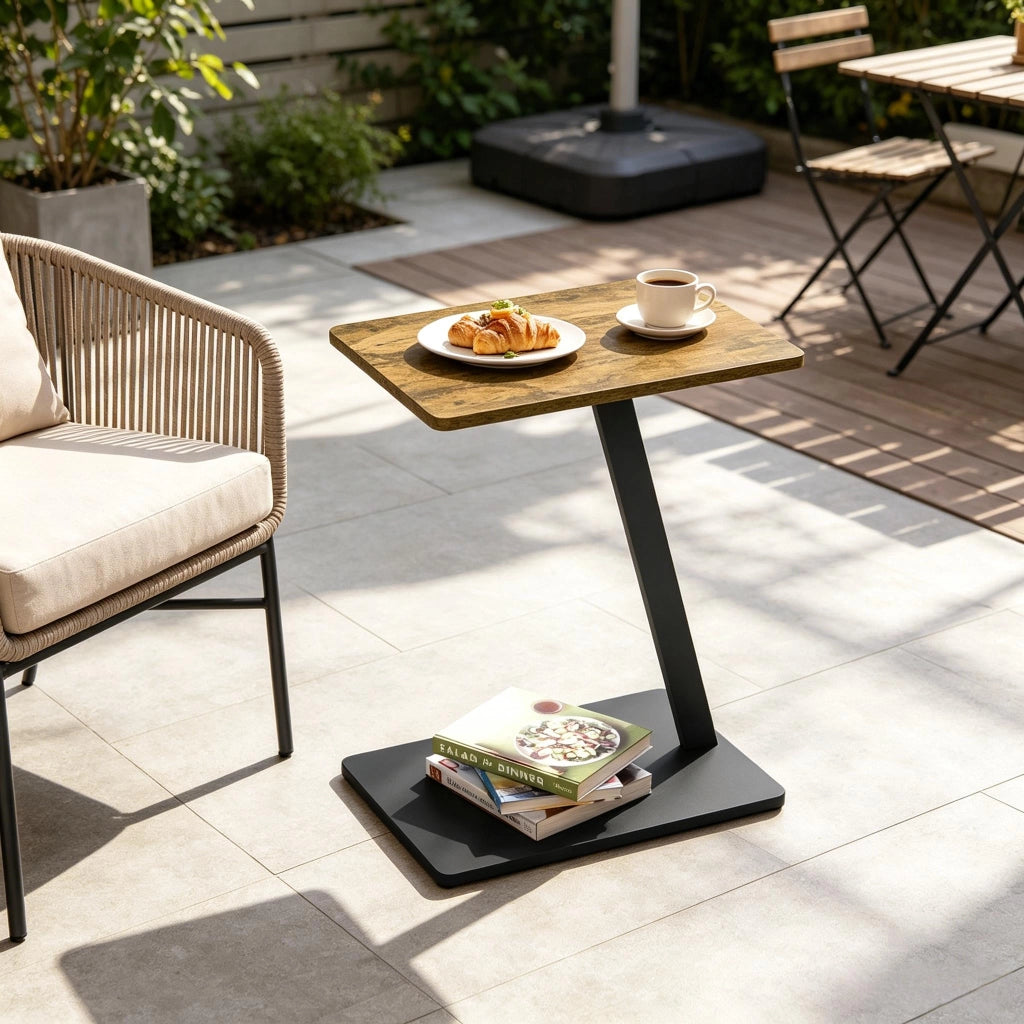 Tavolino basso a C con base in metallo, piano in MDF, salvaspazio per soggiorno e camera da letto, nero 48 × 64,5 × 33 cm