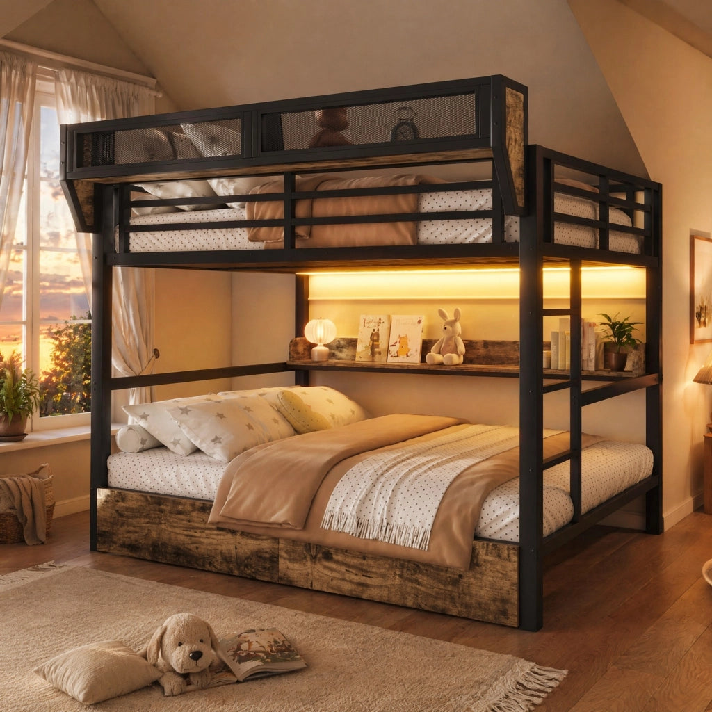 LETTO A CASTELLO 140x200 cm Metallo e MDF Nero con LED e 2 cassetti