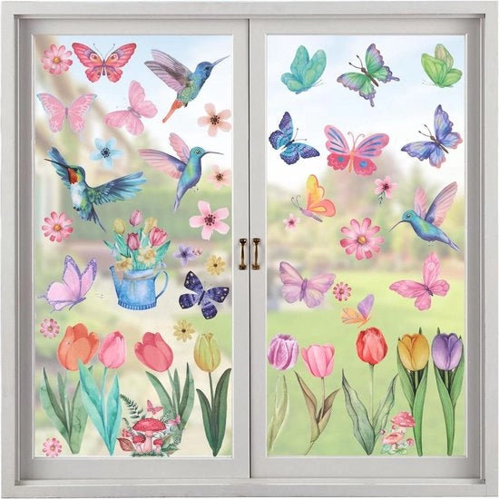 Set di 8 adesivi per finestra fiori uccelli farfalle primavera per decorazione di parete