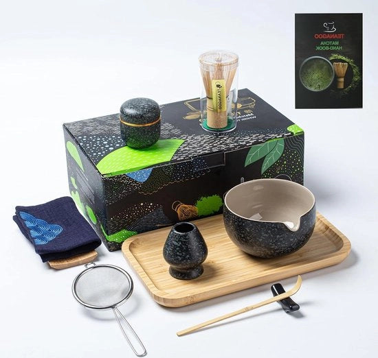 Set di Matcha con piatto da tè - Set di tè giapponese - Kit di matcha - Guardia di bambù per matcha - Cucchiaio - Custodia per guardia di matcha - Custodia per matcha - O1 - Grigio di legno di carbone - Set di Matcha