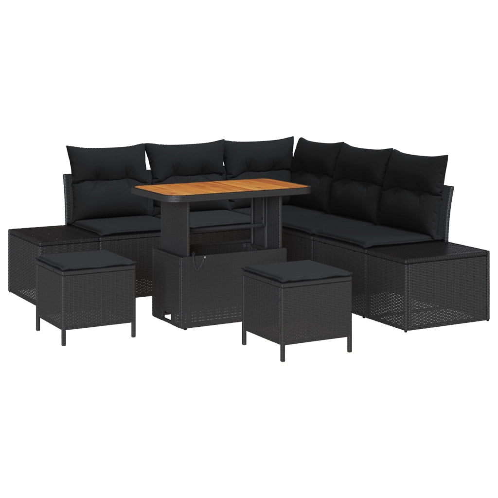 Set Divano da Giardino 8 Pezzi con Cuscini Rattan Nero Acacia