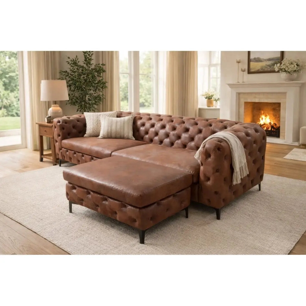 Divano destro VELENA marrone con pouf – Divano barocco in microfibra con struttura in legno massiccio