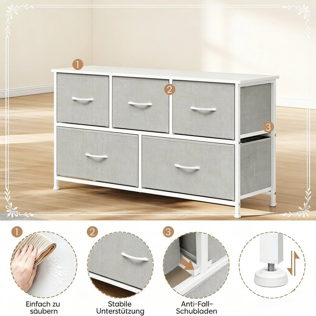 Cassettiera con 5 cassetti in tessuto e piano d'appoggio, per ingresso e soggiorno, 100 × 30 × 54 cm, grigio chiaro