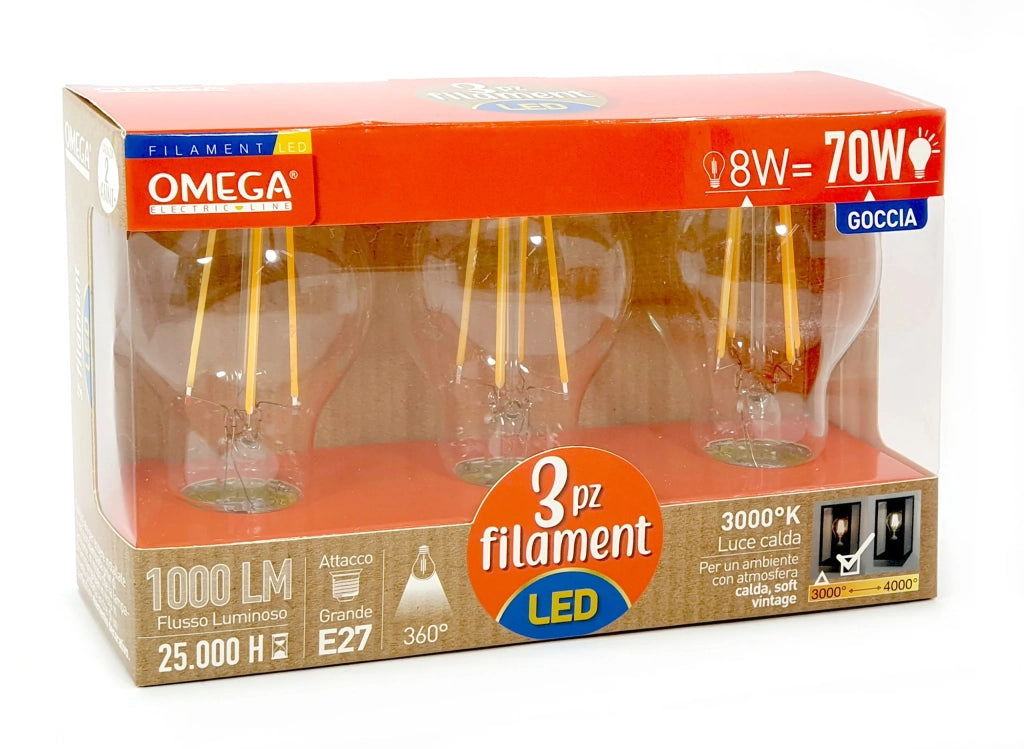 Set 3 Pezzi Lampadine Filament Goccia A60 Luce Calda: 8W – 3000K – E27 – A+