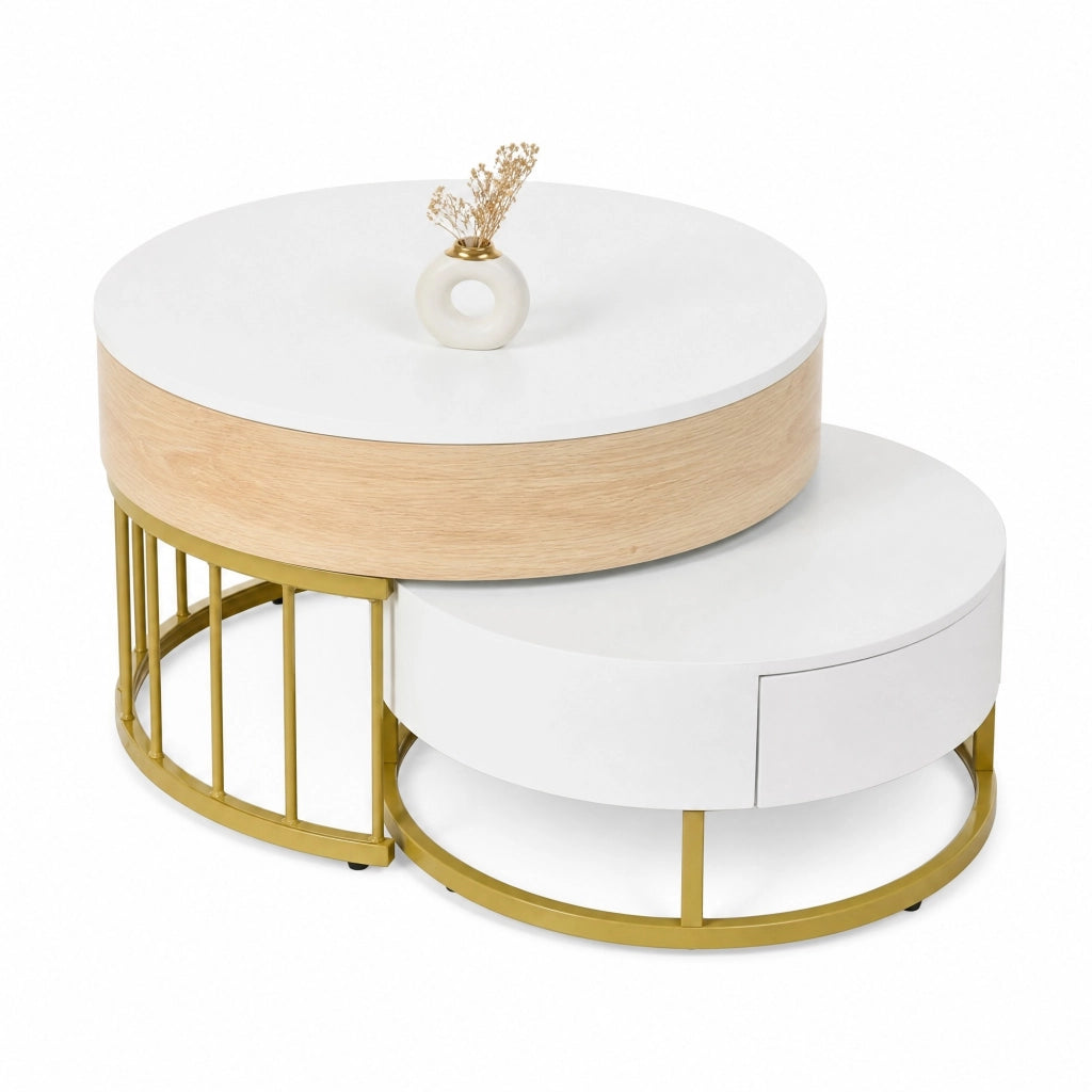 Set di tavolini da caffè rotondi bianco e oro con piano sollevabile e cassetto