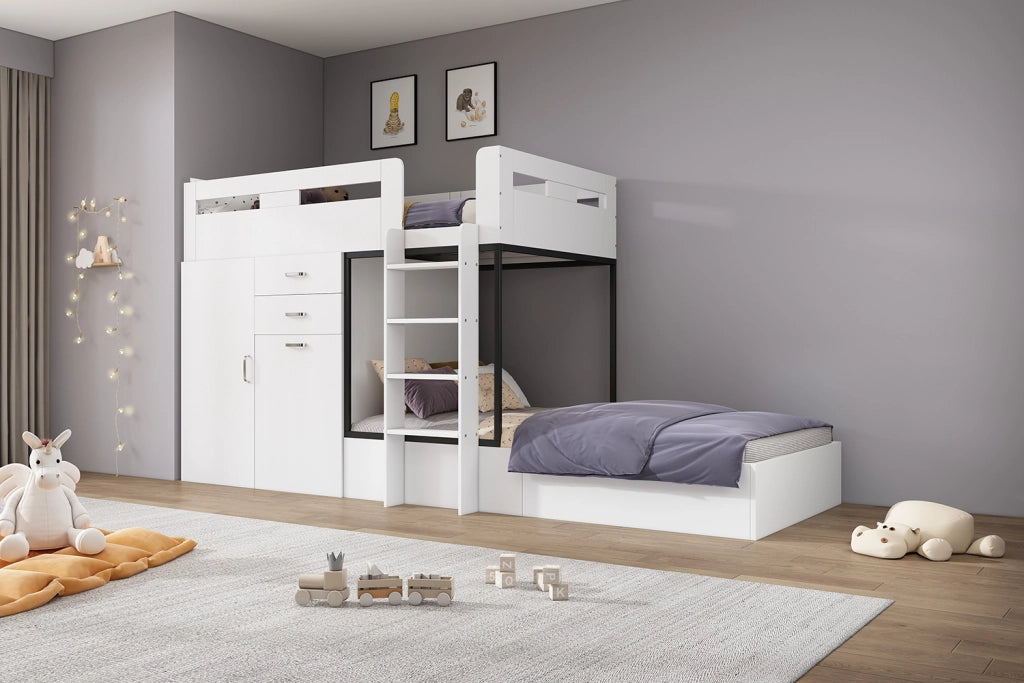 LETTO A CASTELLO multifunzione 90x200 cm MDF bianco/nero con scrivania estraibile