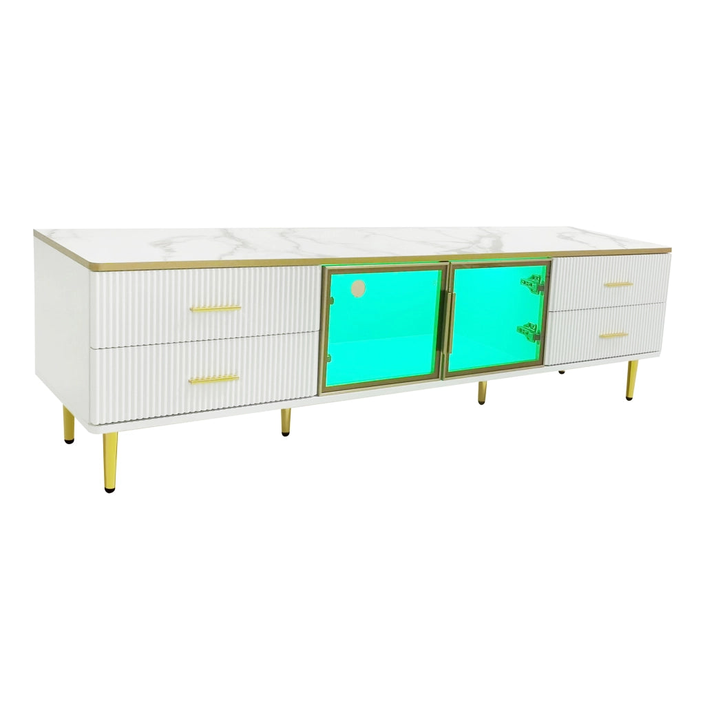 Mobile TV con 4 Cassetti; 2 Ante in Vetro Temperato e LED; Effetto Marmo; Stile Moderno; 170¡Á37¡Á47;5 cm; Bianco