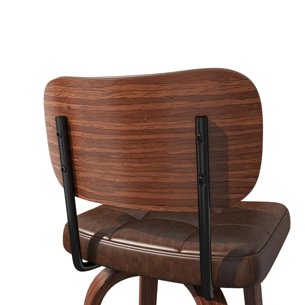 Sgabello da bar in PU con schienale ergonomico, struttura in metallo e legno massello, walnut brown