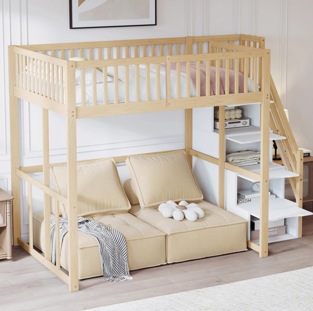 Letto a soppalco 140x200 cm in legno di pino naturale con scala contenitore e sponde di sicurezza
