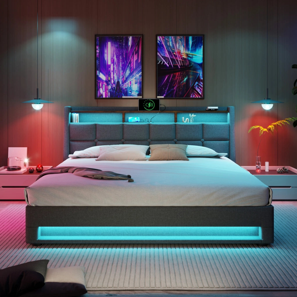 Letto imbottito 140x200 cm grigio con LED, USB e materasso H3
