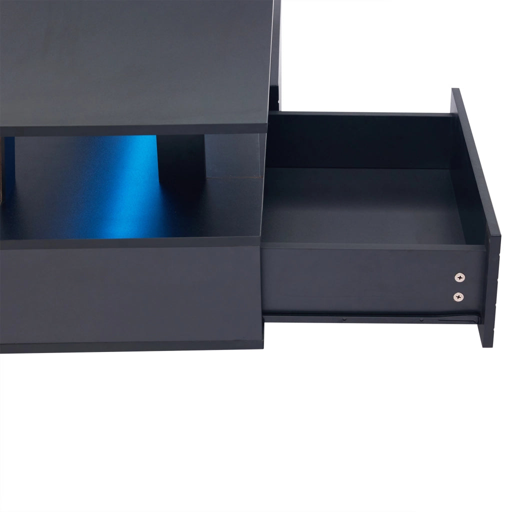Tavolino da caffè con 2 cassetti; LED e ripiano aperto per soggiorno in acrilico 100×50×42 cm nero