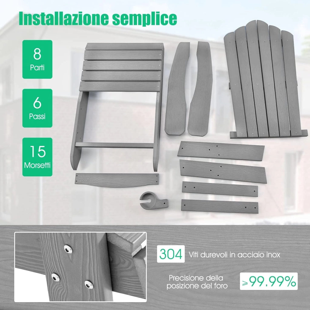 Sedia da Giardino Adirondack in HIPS, Sedia Adirondack con Portabicchieri, Poltrona da Esterno Resistente, per Giardino, Balcone, Piscina, Portata 150 kg (2, Grigio)