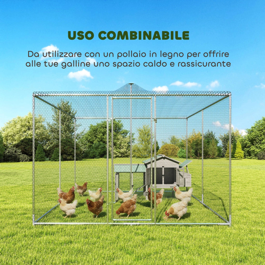 Pollaio per Galline da Esterno 400x300x197 cm con Tetto e Serrature in Acciaio Zincato Argento