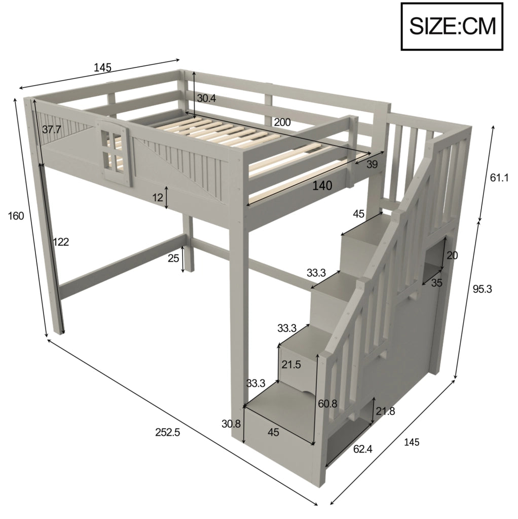 Letto a soppalco 140x200 cm in legno grigio con scala laterale reversibile e vani contenitore