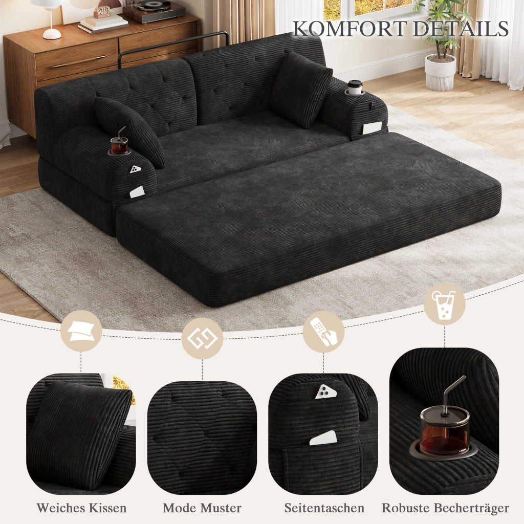 Divano letto a 2 posti con schienale alto, tasche laterali e 2 portabicchieri in velluto a coste nero 168 × 80 × 81 cm