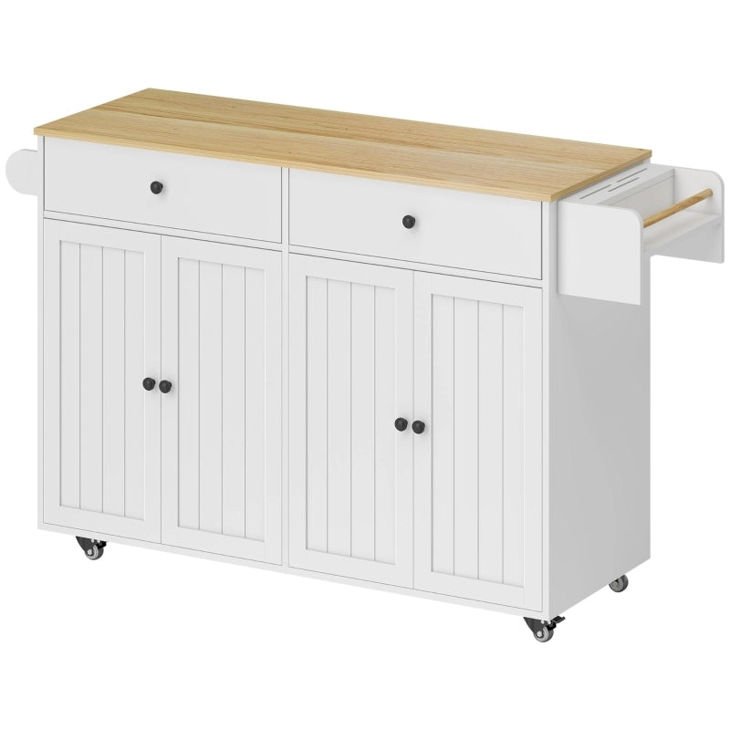 Isola da Cucina con 2 Ante; 2 Cassetti; Portasciugamani e Portaspezie; con Ruote; in Legno; Bianca