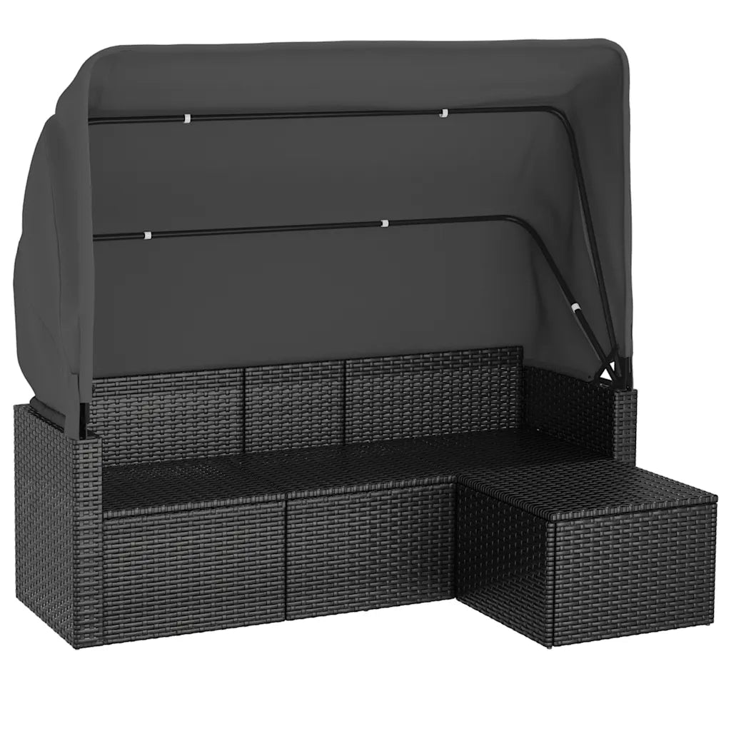Divano Giardino 3 Posti con Tetto e Poggiapiedi-Sofa da Giardino-Divanetto da esterno Nero Polyrattan