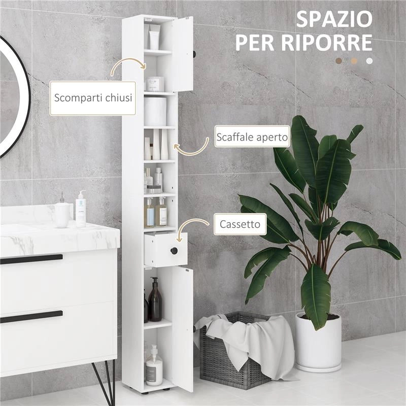 MOBILE COLONNA BAGNO CON CASSETTO, 2 ARMADIETTI E 4 RIPIANI APERTI, IN LEGNO, 20X20X180 CM, BIANCO