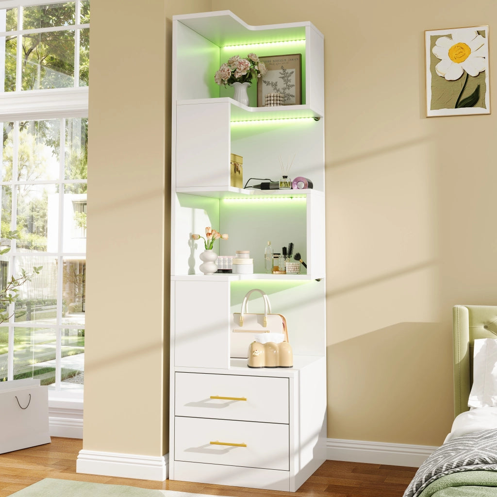Libreria angolare con LED e 2 cassetti 4 ripiani aperti per soggiorno e camera da letto bianca 165 × 45 × 45 cm