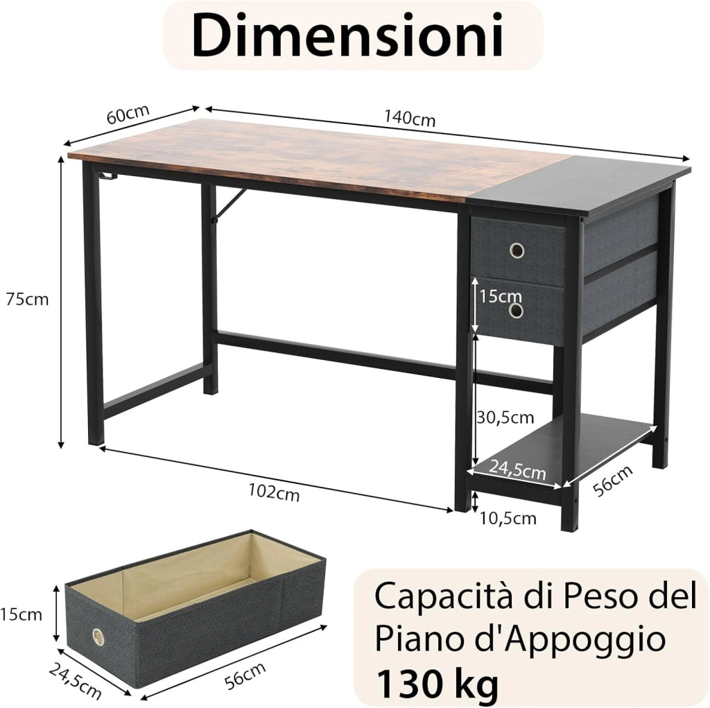 Scrivania da 120CM/140CM con 2 Cassetti, Gancio e Ripiano, Moderna e Multiuso per Studio, Ufficio e Camera da Letto, Marrone Rustico e Nero (140 x 75 x 60 cm)