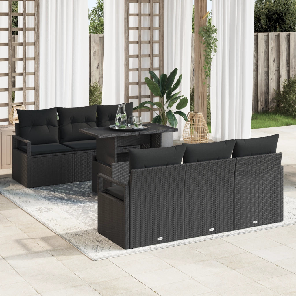 Set divani da giardino 7 pezzi con cuscini Nero Polirattan