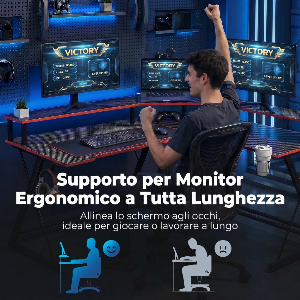 Scrivania da Gaming Angolare 128x128x88 cm con Supporto Monitor Gancio Cuffie e Portabicchieri Nero