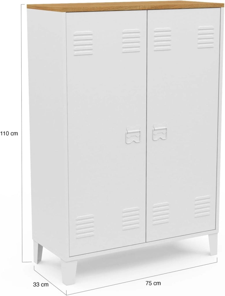ESTER Armario de 2 puertas de metal blanco con encimera de madera de diseño industrial