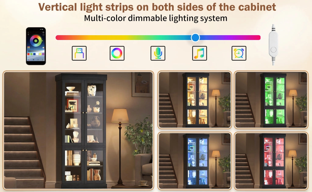 Armadio con LED multicolore ripiani regolabili e 2 dispositivi antiribaltamento per soggiorno nero 80 × 40 × 180 cm
