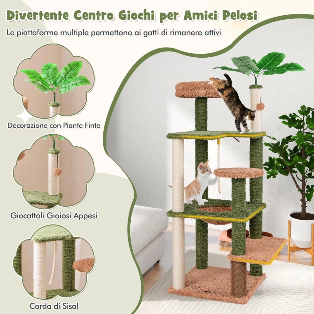 Albero per Gatti 152 CM, Tiragraffi per Gatti in Sisal con Posatoio in Peluche, Giocattolo Appeso, Autopulizia, Pianta Finta e Piattaforme di Salto, Centro Attività per Gattini