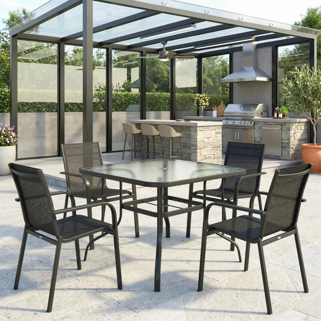 Tavolo da Giardino Quadrato con Piano in Vetro ¨C Minimal ¨C Nero, 4 Posti, ?43 mm