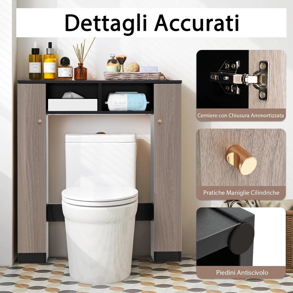 Scaffale Sopra WC 87.5x18x98cm, Mobile per Bagno con Doppia Anta, 2 Scomparti Aperti e 4 Ripiani Regolabili, Armadietto Salvaspazio da Terra per Bagno Lavanderia (Nero)