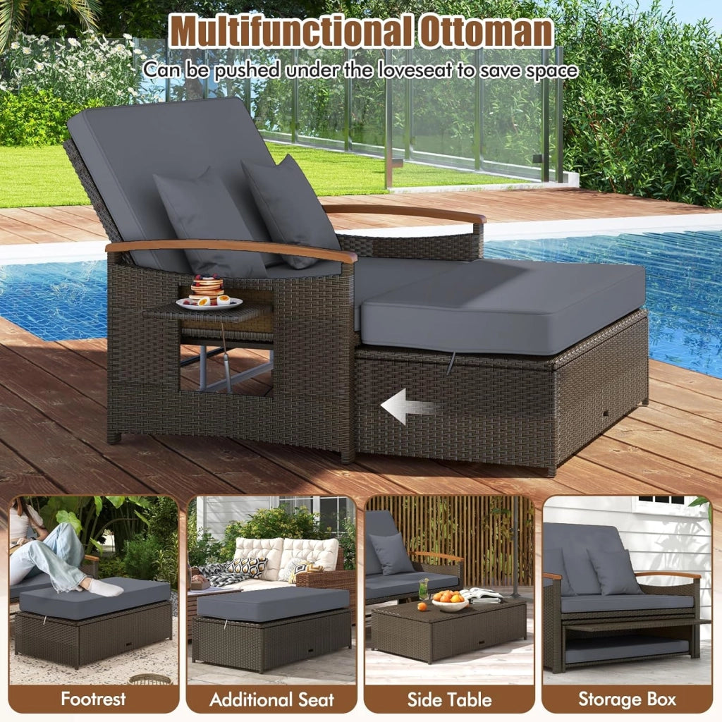 Divano da Giardino in Rattan a 2 Posti con Funzione Allungata, Set di Mobili in Rattan con Sgabello, Doppia Sedia a Sdraio per 2 Persone, 3 Colori (Cuscino Grigio)