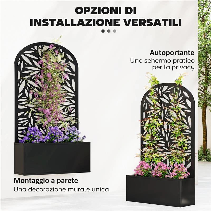 FIORIERA CON TRALICCIO AD ARCO PER RAMPICANTI E FORI DI DRENAGGIO, IN METALLO, 61X23X113 CM, NERO