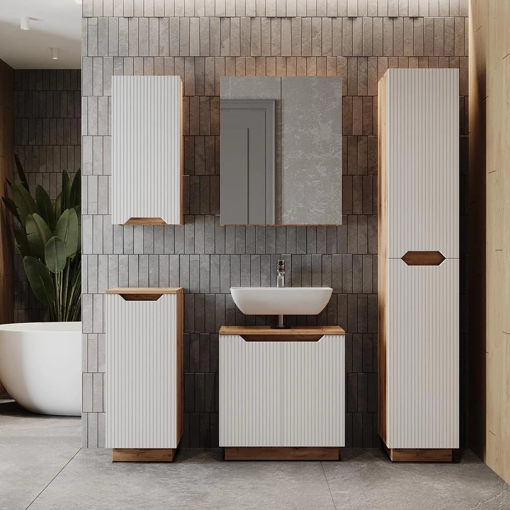 Set di mobili da bagno Lotta, Rovere/bianco a strisce, 4 parti