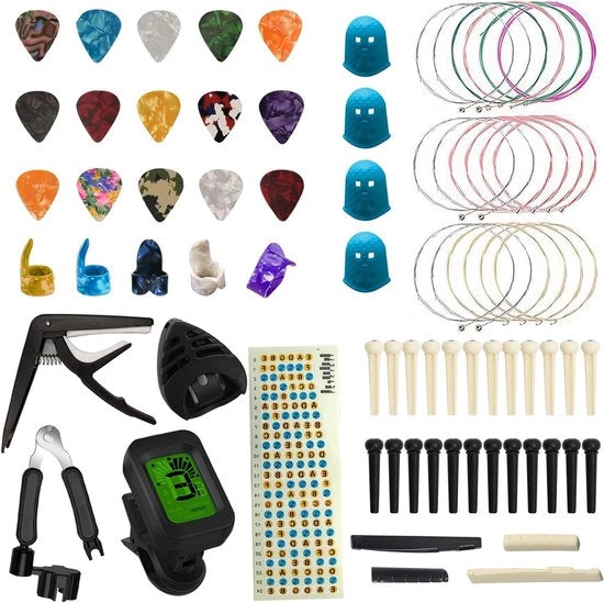 Set di accessori per chitarra con capodastro, 15 plettre, 3 set di corde acustiche, tuner e altro - Ideale per chitarristi