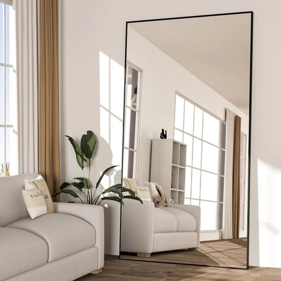 Specchio per pavimento 198 x 96 cm - Specchio a muro - Specchio a corpo intero - Specchio a muro grande con angoli arrotondati - Nero - Specchio a misura di altezza