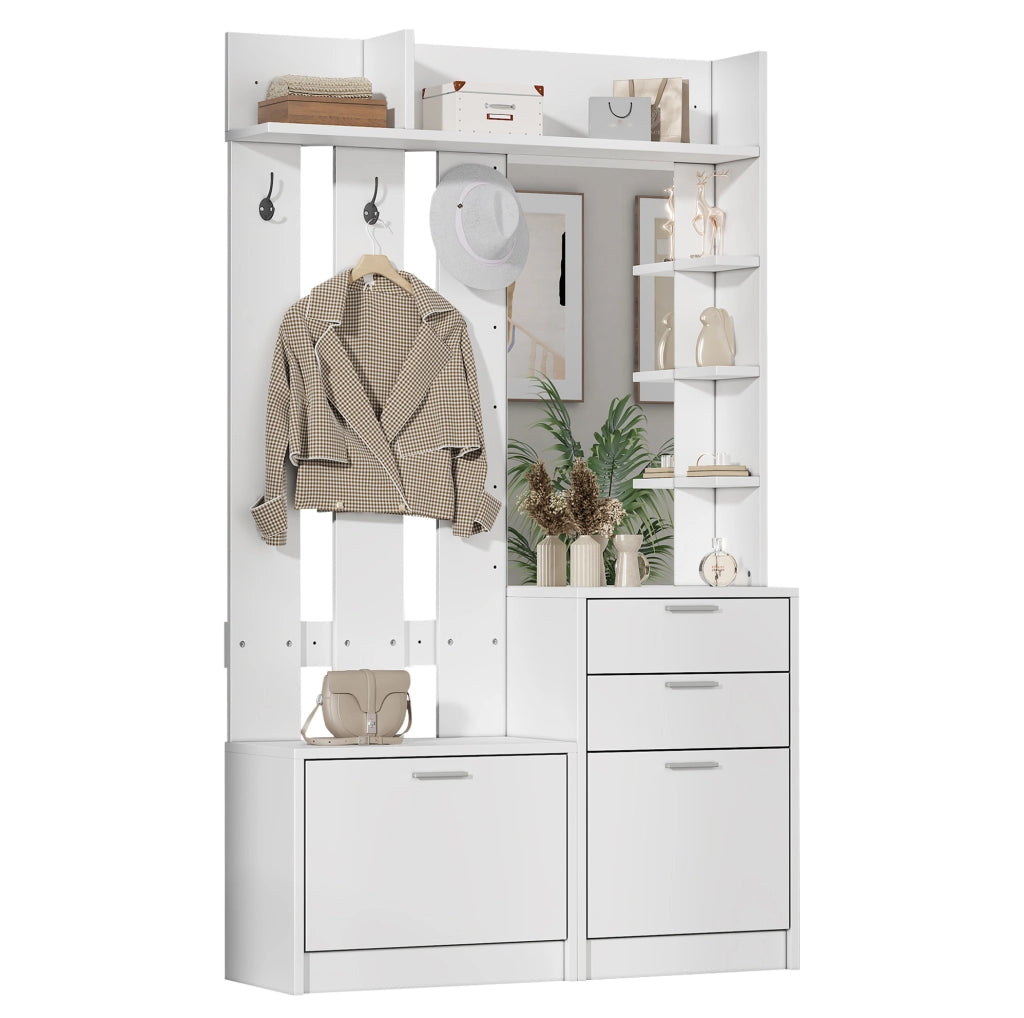Armadio ingresso 110x34x185 cm con specchio; 2 cassetti; scarpiera a ribalta; MDF bianco