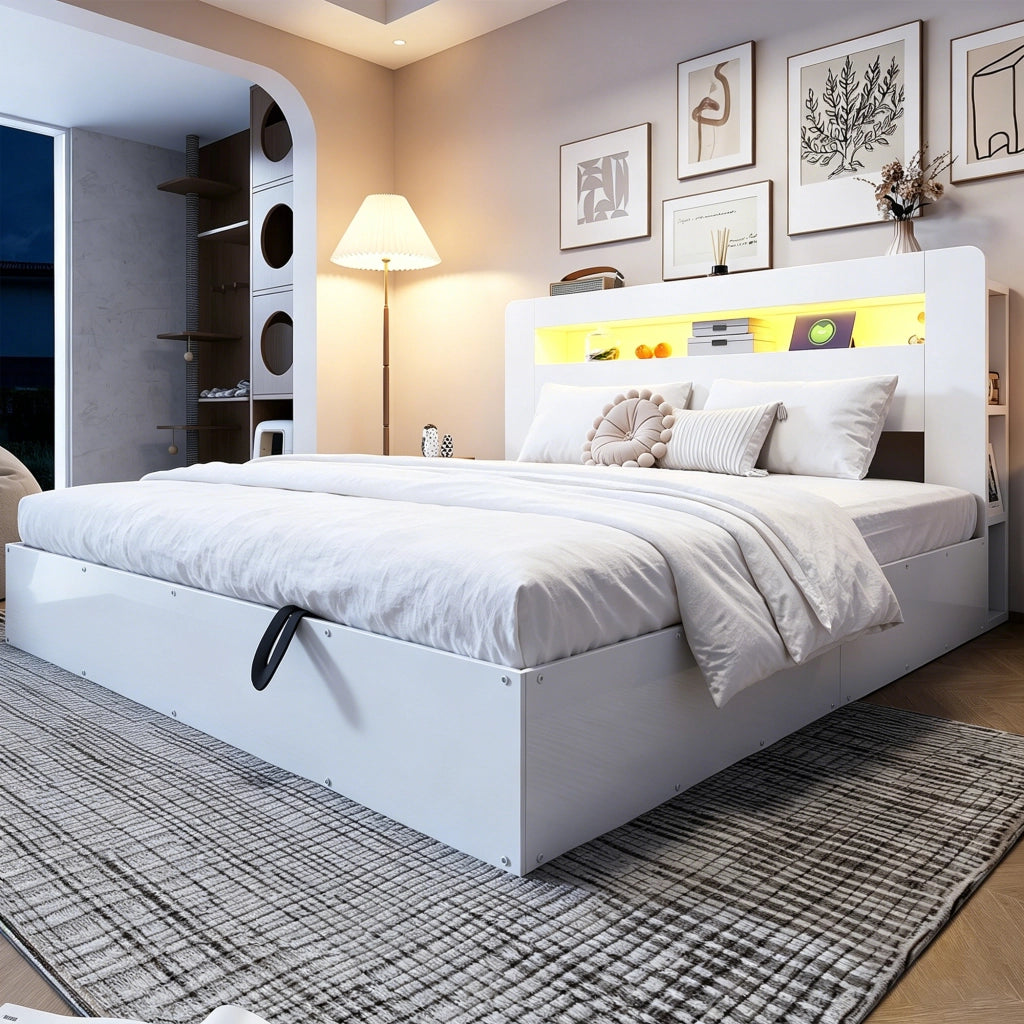 Letto contenitore 180 × 200 cm con sollevamento idraulico, LED, prese e ripiani, senza materasso, bianco