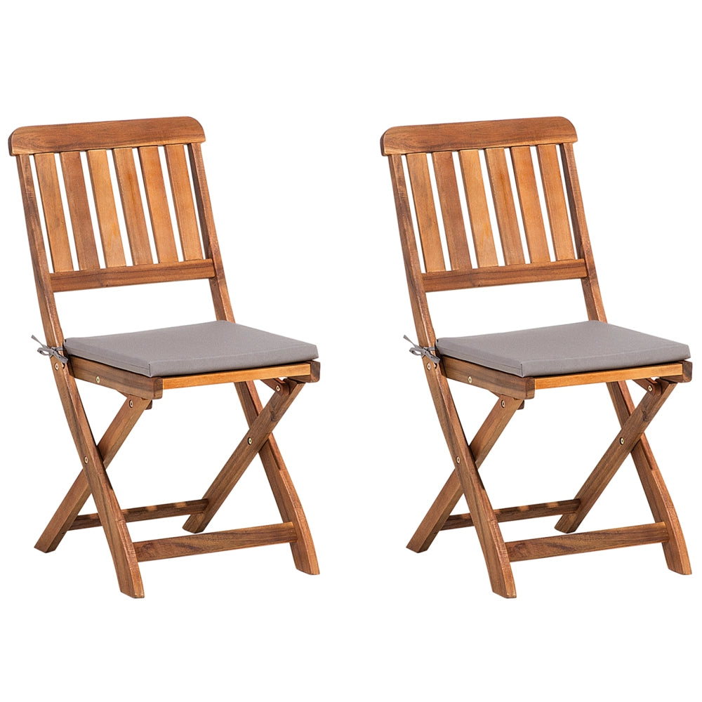 Set di 2 sedie da giardino in legno di acacia con schienale a doghe pieghevoli con cuscini di seduta grigi