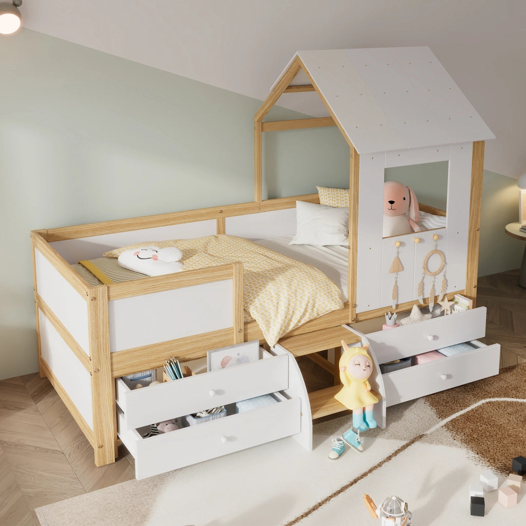 DESMIU Letto per Bambini Semialto 1 Posto con 4 Cassetti, Tetto e Finestra, 90 × 200 cm, Senza Materasso