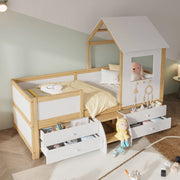 DESMIU Letto per Bambini Semialto 1 Posto con 4 Cassetti, Tetto e Finestra, 90 × 200 cm, Senza Materasso