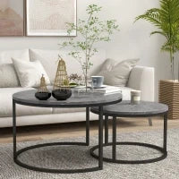Set di 2 Tavolini da SaSet Impilabili Design Industriale Piano Effetto Cemento Piedi in Metallo, Grigio