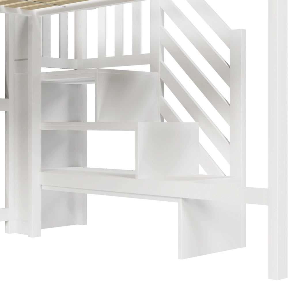 LETTO A SOPPALCO 140x200 cm Bianco con LED e scala contenitore