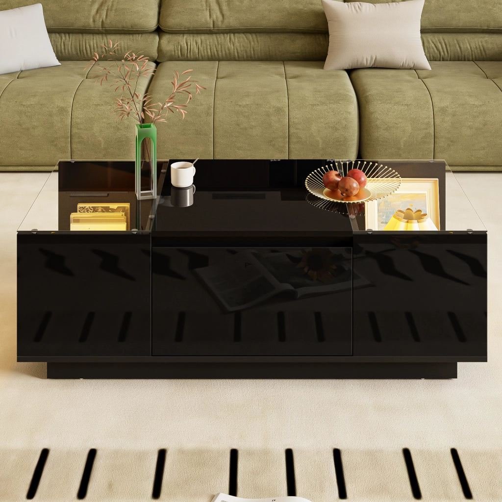 Tavolino da Caffè con 2 Cassetti e 2 Vani Aperti con LED Bluetooth; Piani in Vetro; Lucido e Opaco; 105×50×35 cm; Nero