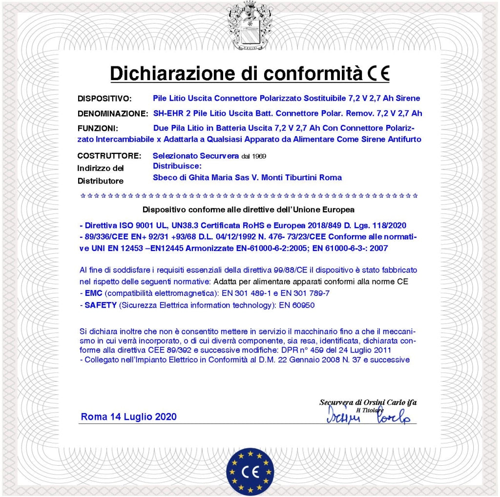 Batteria Uscita 7,2 V 2,6 Ah Pacco 2 Pile litio ER14505H Non Ricaricabili Connettore Polarizzato Ricambio Sirena Sensore Securvera Altri Dimensioni H29XL52S15 mm Pronta all'Uso Direttiva ISO 9001
