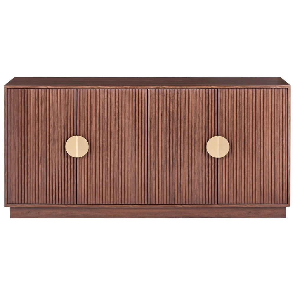 Credenza a 4 ante in MDF, colore marrone scuro, da appoggio, con ripiani e frontale scanalato, mobile contenitore per la casa