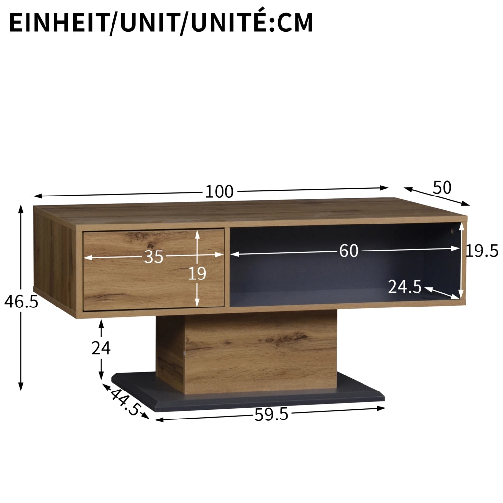 OKWISH Tavolino da Caffè Moderno con Vani su Due Lati e Scomparto Interno, per Soggiorno, Grigio Rovere, 100 x 50 x 46,5 cm