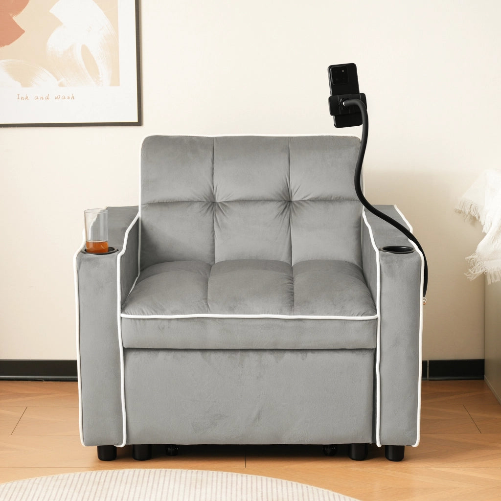 Divano letto singolo 3 in 1 - con portabicchieri e porta telefono - in velluto - grigio anticato